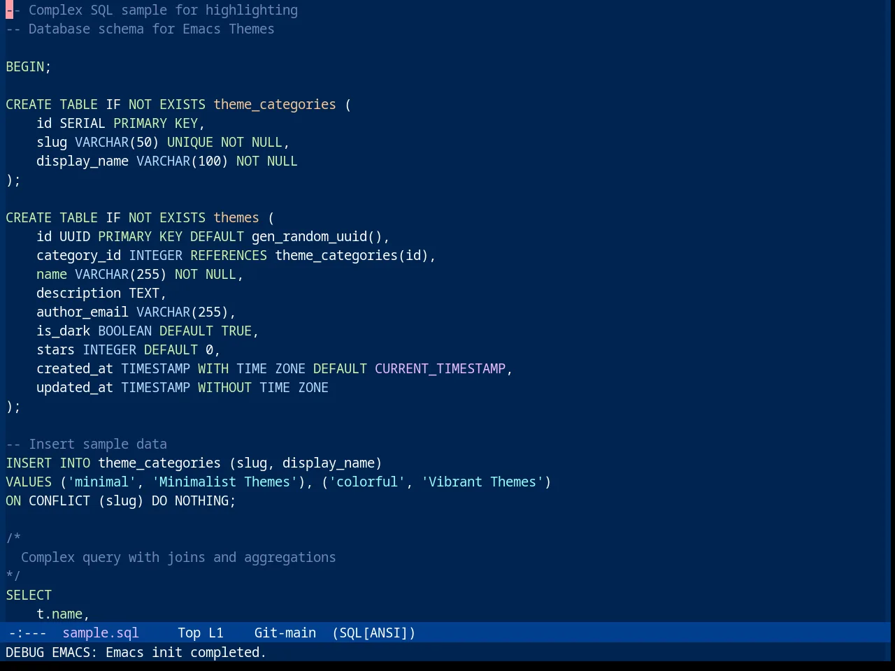 Sanityinc Tomorrow Blue in sql-mode