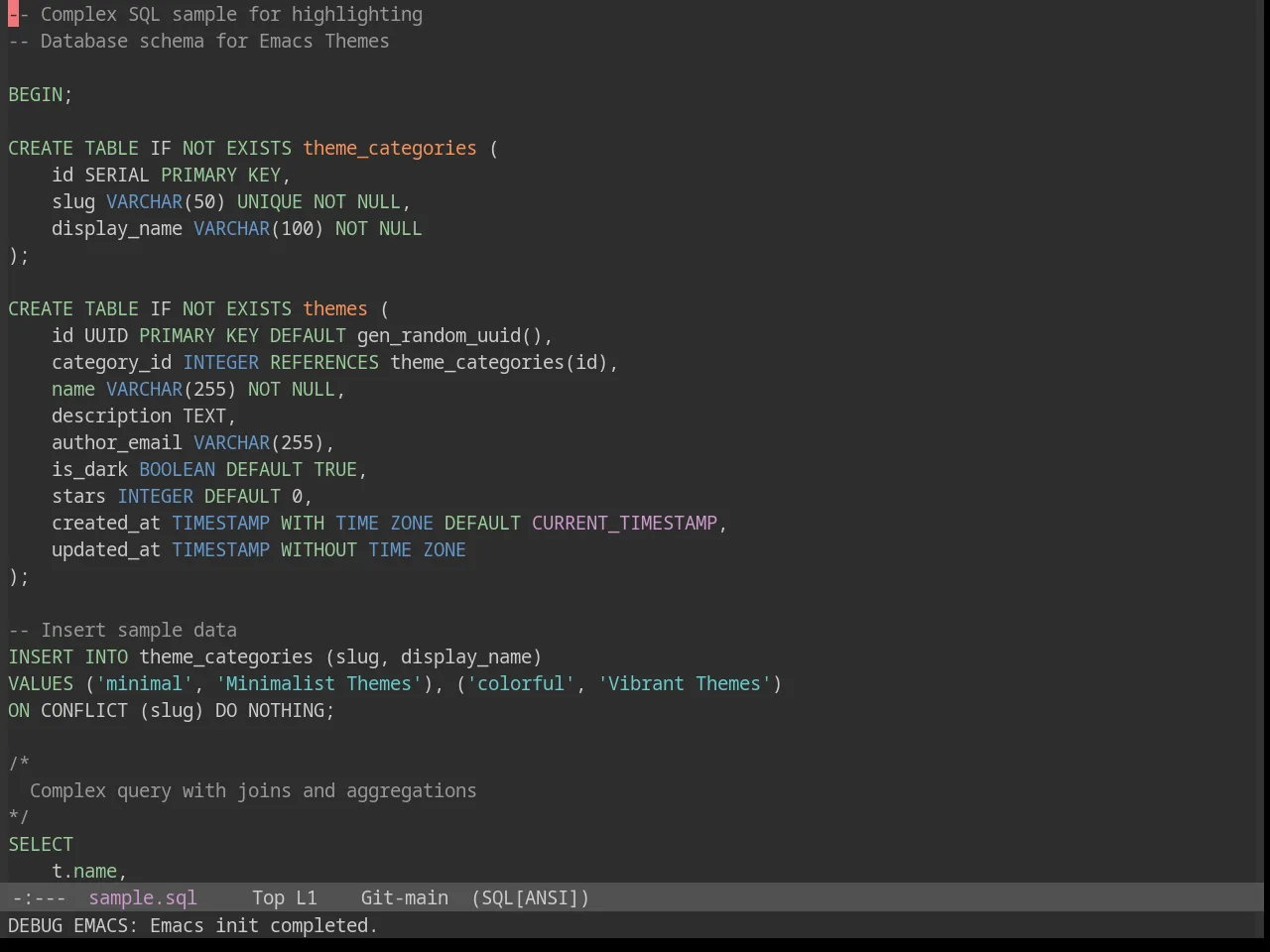 Sanityinc Tomorrow Eighties in sql-mode