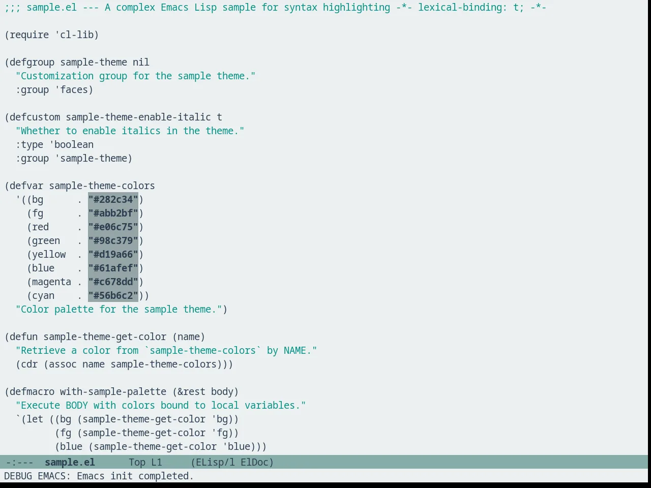 Seagreenless Theme in emacs-lisp-mode