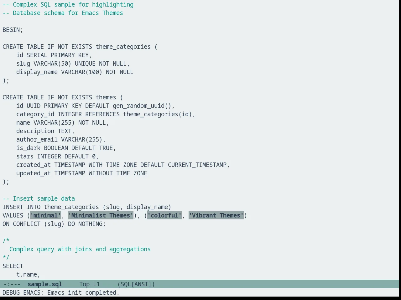 Seagreenless Theme in sql-mode