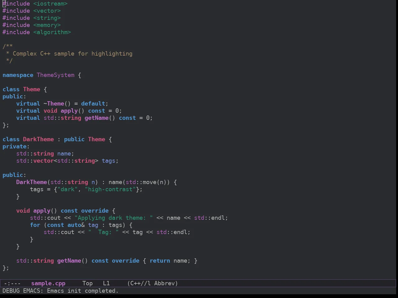 Spacemacs Dark in c++-mode