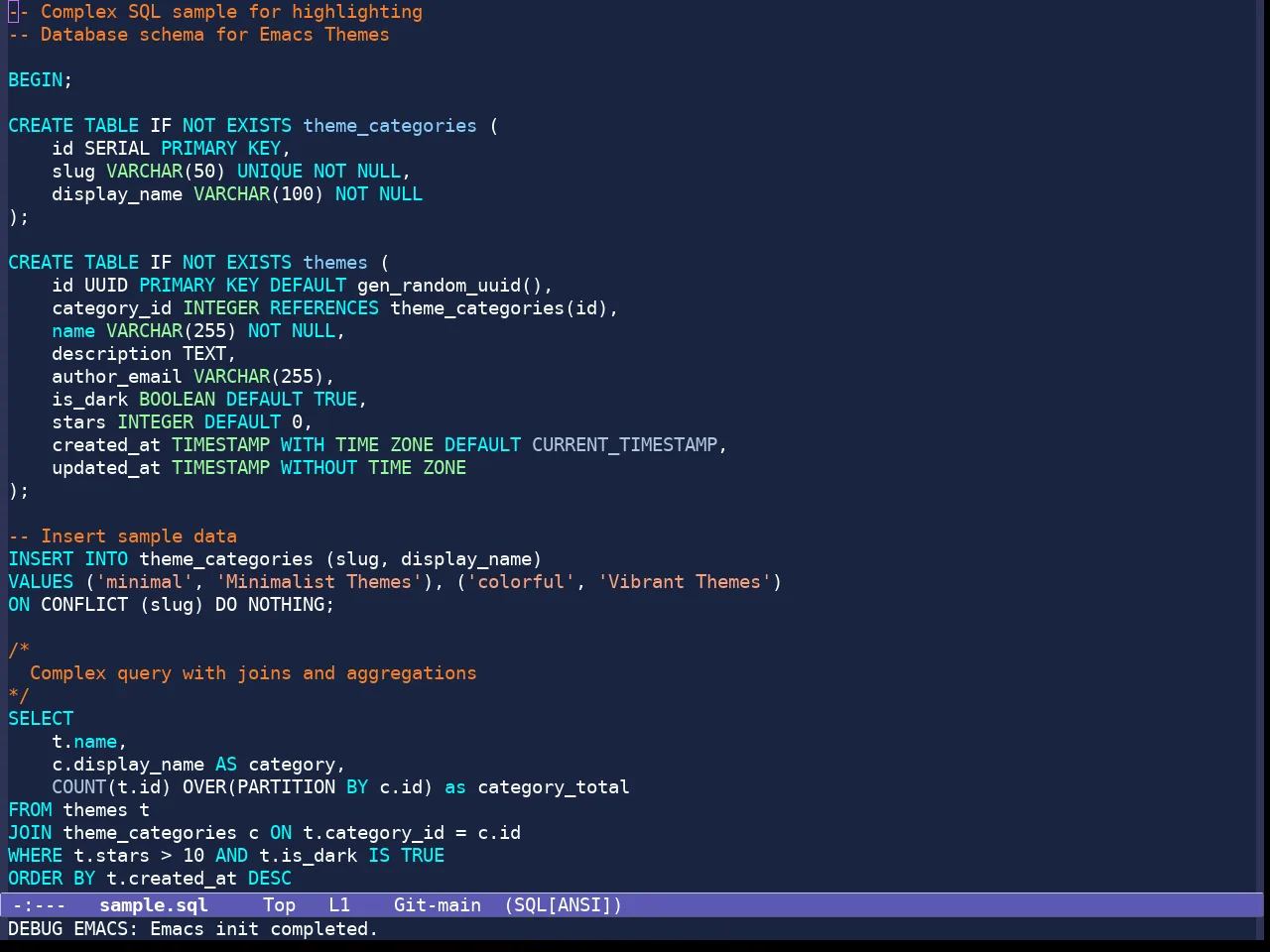 Standard Dark Tinted Theme in sql-mode