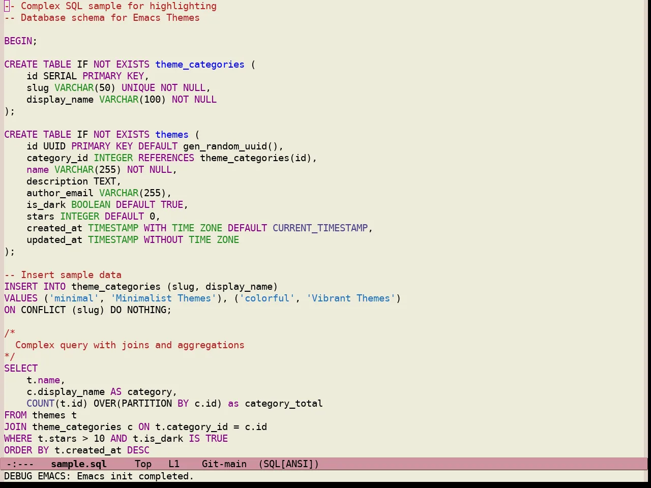 Standard Light Tinted Theme in sql-mode