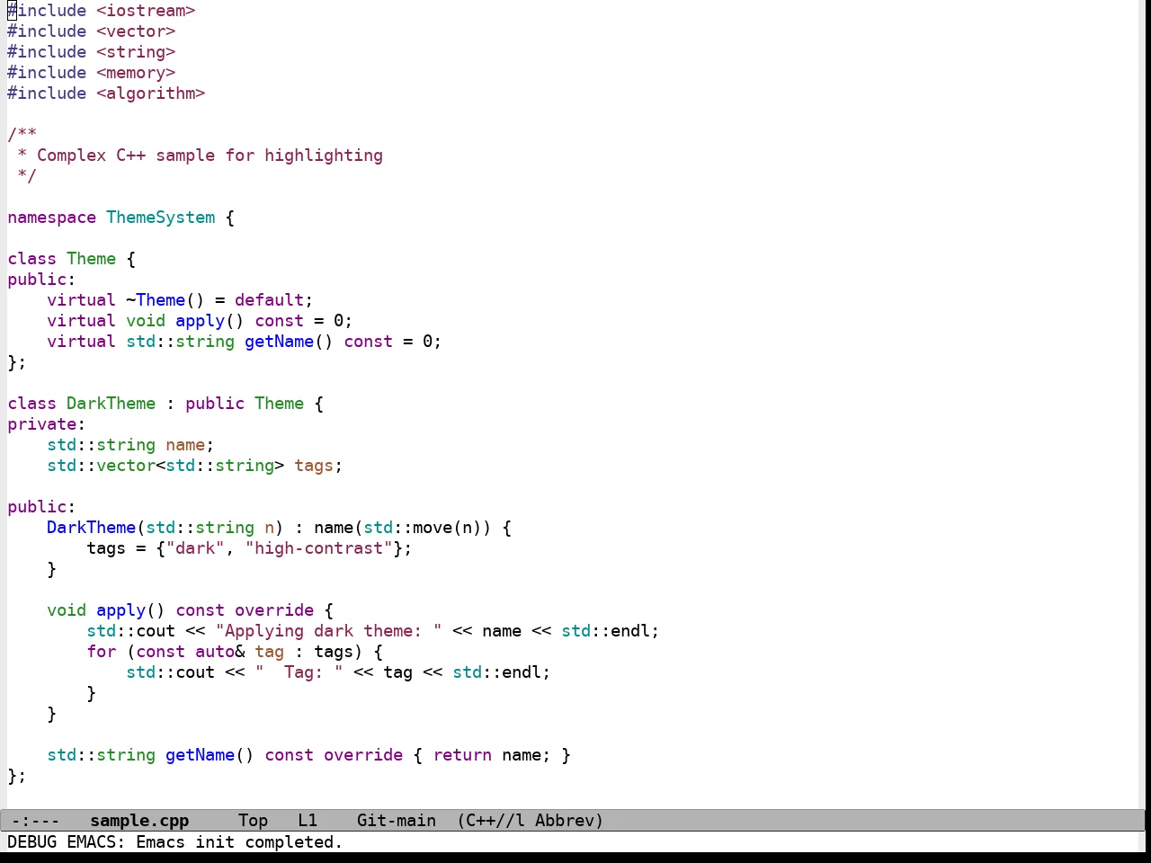 Standard Light Theme in c++-mode