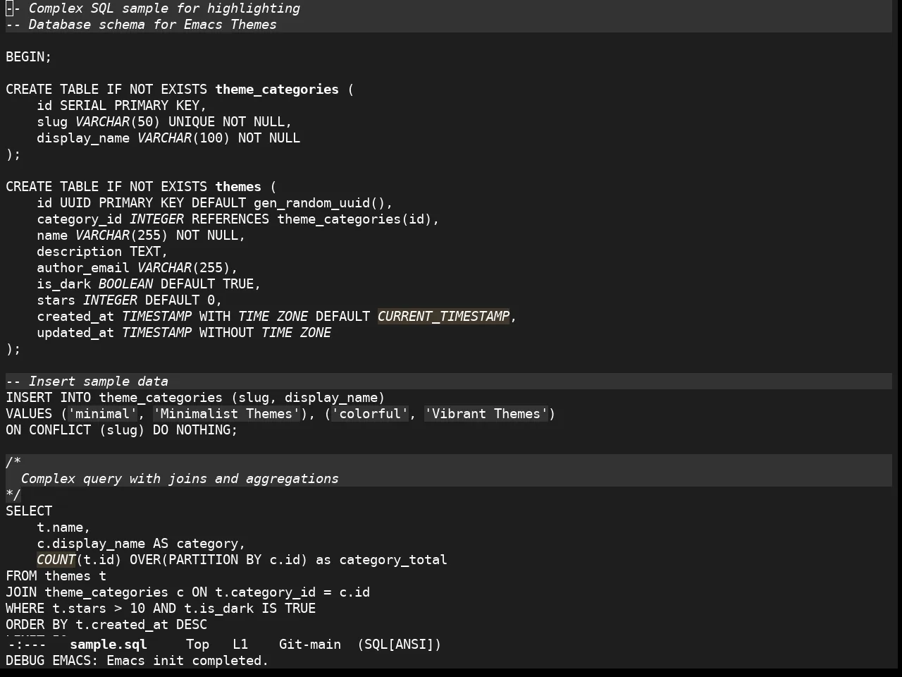 Stimmung Themes Dark Theme in sql-mode