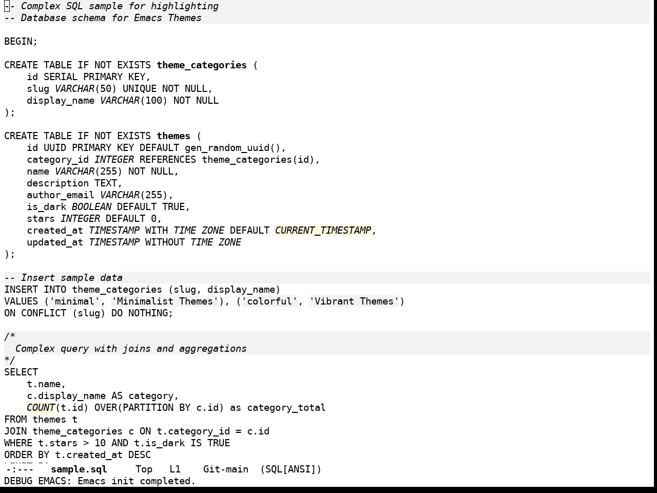 Stimmung Themes Light Theme in sql-mode