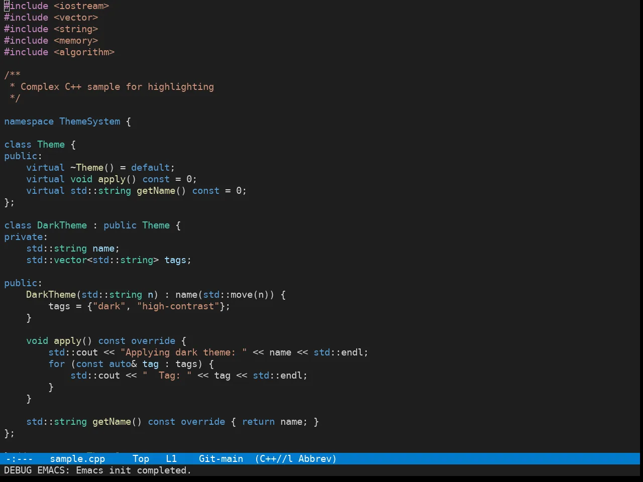 Vscode Dark Plus Theme in c++-mode