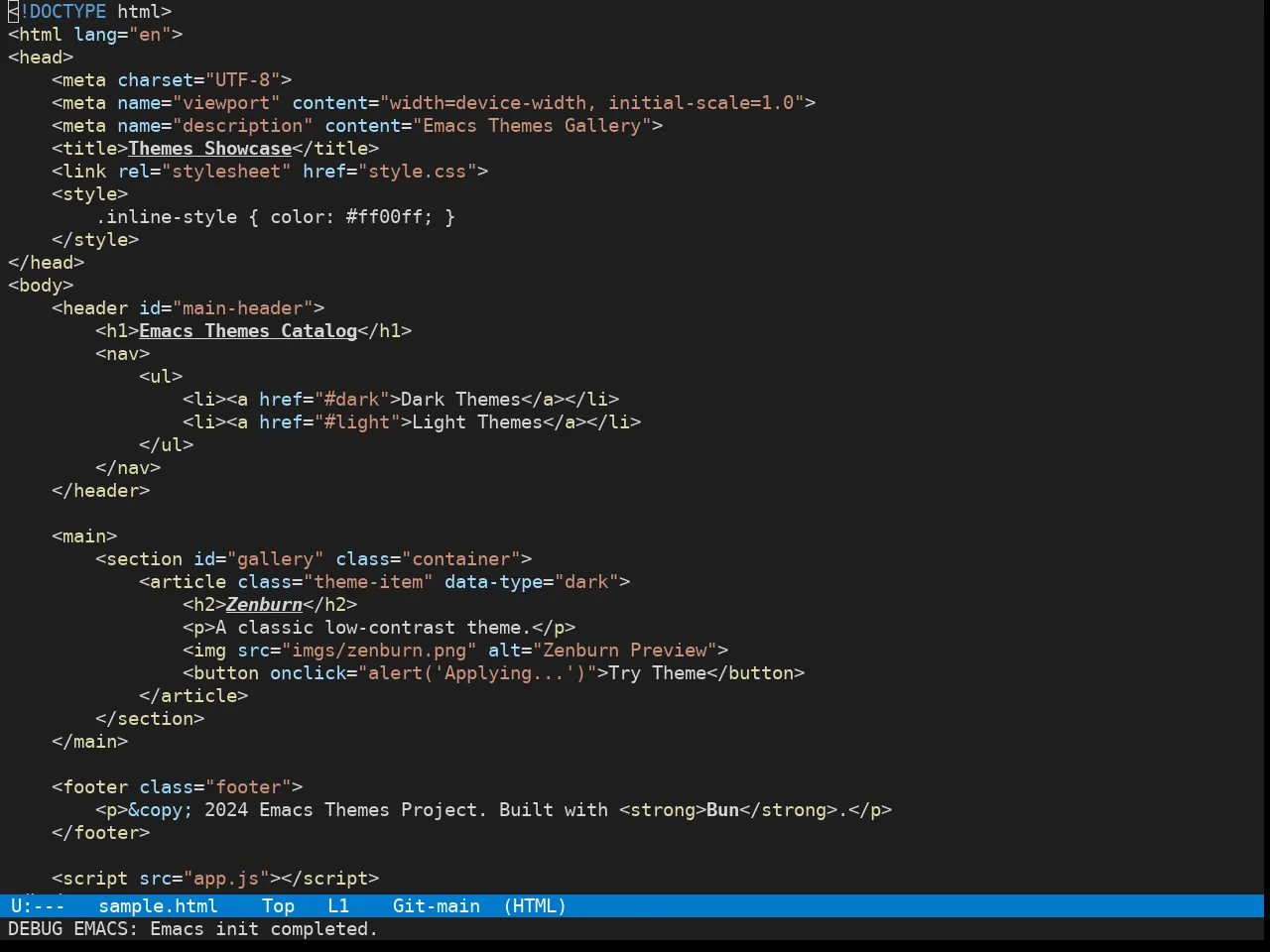 Vscode Dark Plus Theme in html-mode